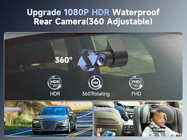 Upgrade 1080P HDR Waterproof Dash Cam Rear Camera(360 Adjustable)