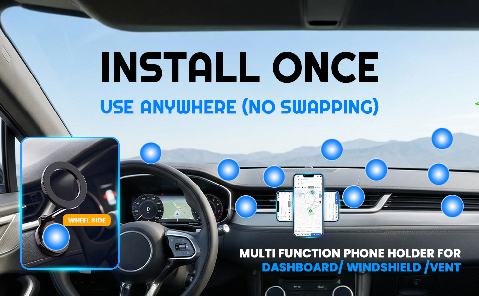 Magnetic Phone Holders showing different placements on the car dashboard
