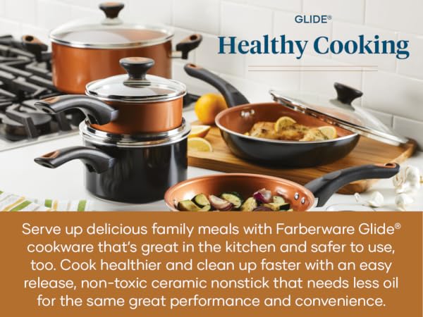 Farberware Glide cookware on stovetop and countertop with vegetables