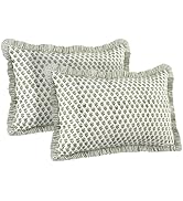 CPC Emerald Green 100% Cotton Block Print Ruffle Pillow Cover 20X30 inch Pack of 2, Handmade Boho...