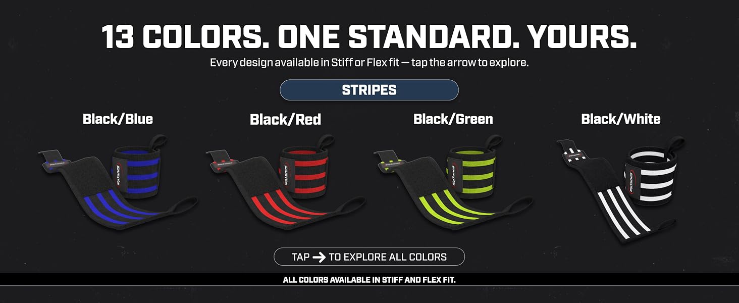 Rip Toned wrist wraps in striped colors - black/blue, red, green and white, stiff or flex fit