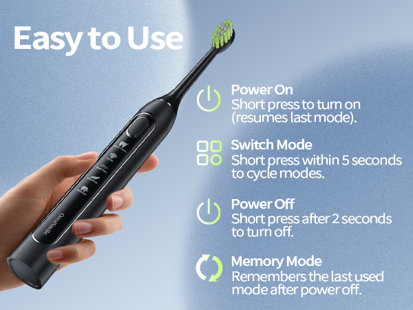 Text reads 'Easy to Use', 'Power On', 'Switch Mode'. Product interface diagrams showing button functions and usage instructions with icons and arrows.