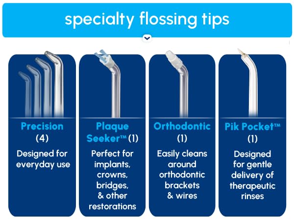 Image of Waterpik tips with text reading specialty flossing tips.