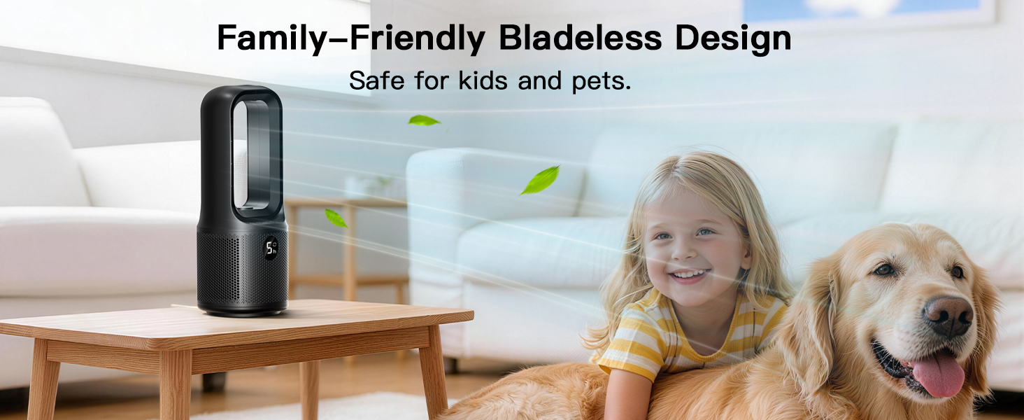 Child playing with dog at home – bladeless desk fan, family-friendly, safe for kids and pets.