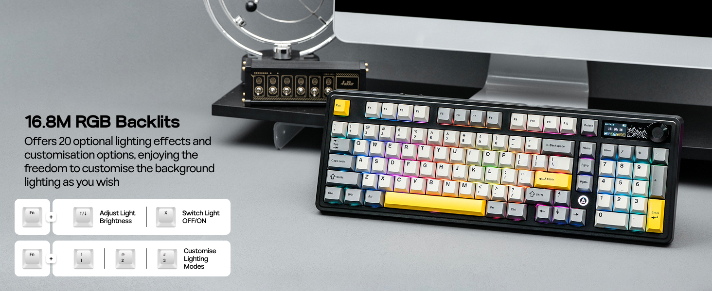 Text reads 'TG-BM RGB Blacklite'. Computer keyboard with RGB backlit keys and special colored keycaps in yellow and red sections, shown from multiple angles.