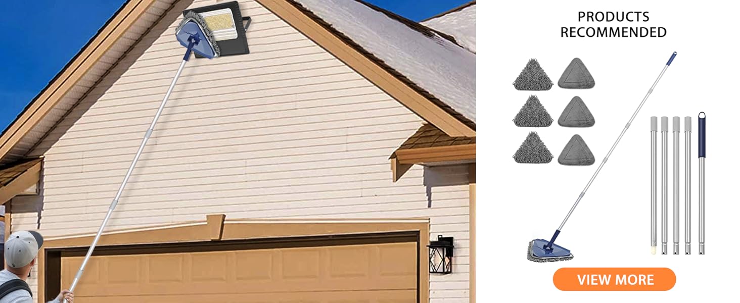 Roof cleaning tool with telescoping pole and triangular cleaning pads. Includes product recommendation showing multiple pads and pole sections.