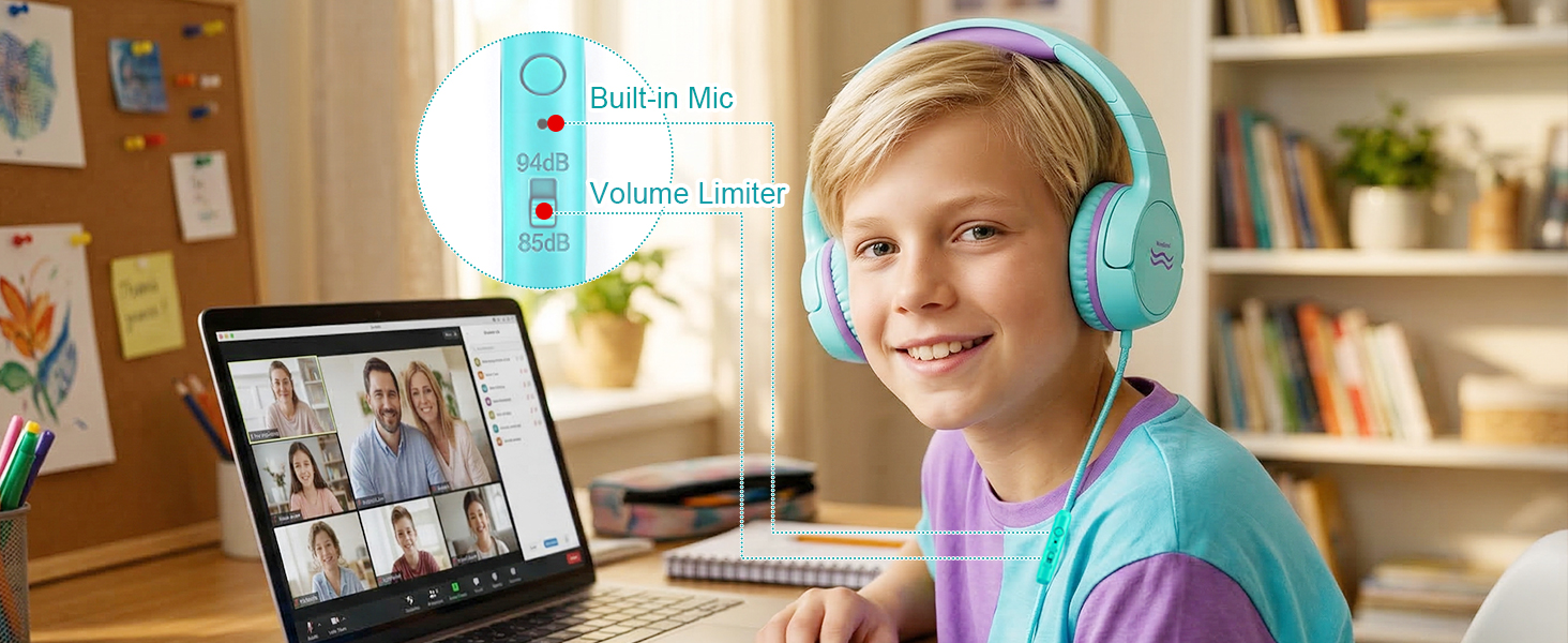 Kids wired headphones with volume limiter (85dB-94dB) and built-in micphone