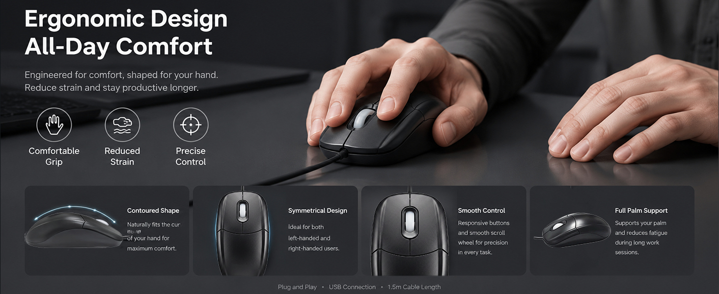 USB Wired Office Mouse with Extra Long Cable