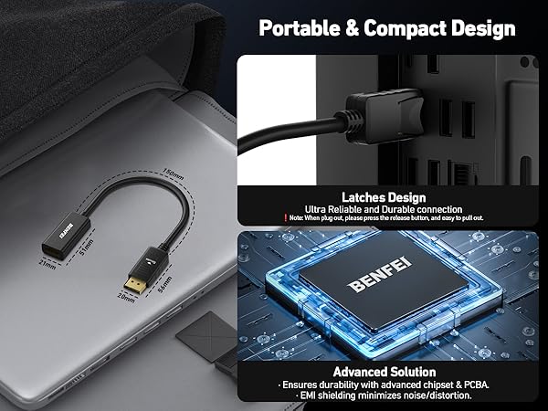 Text reads 'Portable &amp; Compact Design', 'Lieche Design', 'Advanced Solution'. Product diagram showing USB adapter with technical specifications and blue circuit board illustration.