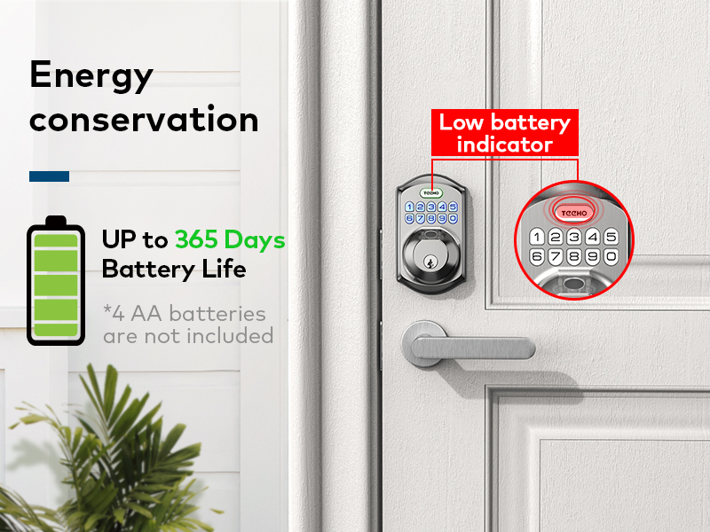 Powered by 4 AA batteries (not included) for up to 365 days, with low-battery alert below 15%