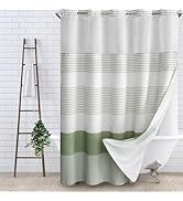 SMTHOM No Hook Shower Curtain and Liner Set,Sage Green Boho Striped Shower Curtain for Bathroom C...