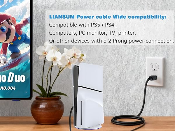 Text reads 'LIANSEUM Power cable Wide compatibility'. Product image showing power cable connections and compatibility information with electronic devices.