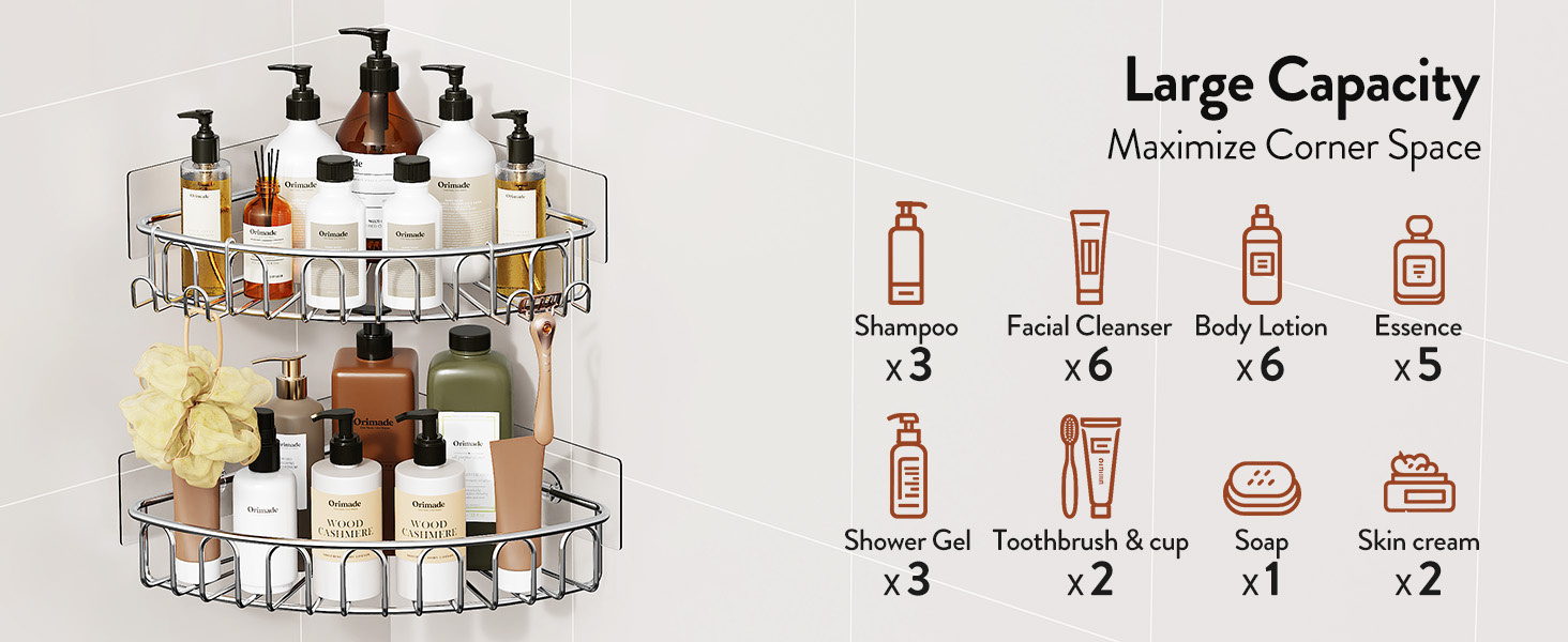 Orimade Corner Shower Caddy Stainless Steel with Hooks Wall Mounted Bathroom Shelf Storage Organizer