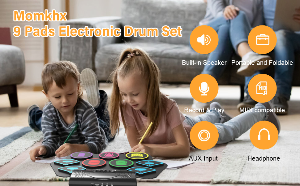 9 Pad Electronic Drum Set, Roll Up Portable Drum Pad Kit with MIDI Bluetooth, Built-in Speaker