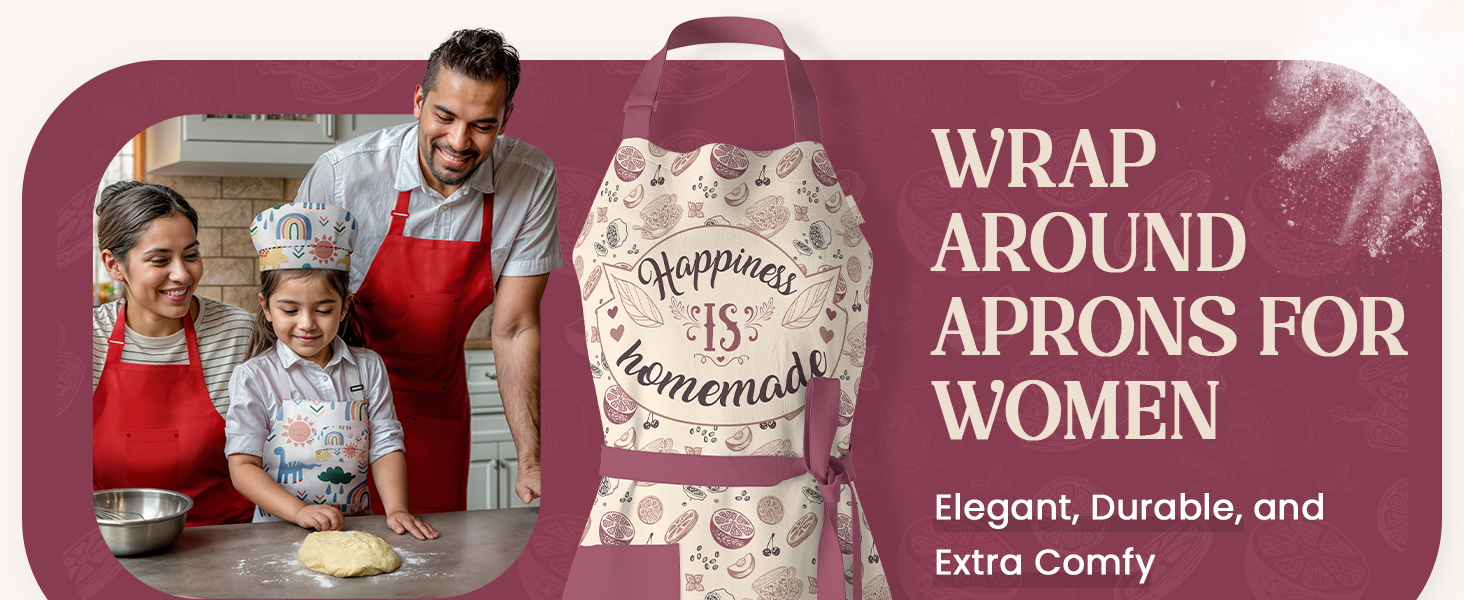 Family baking together wearing elegant wrap-around aprons for women, perfect for cooking.