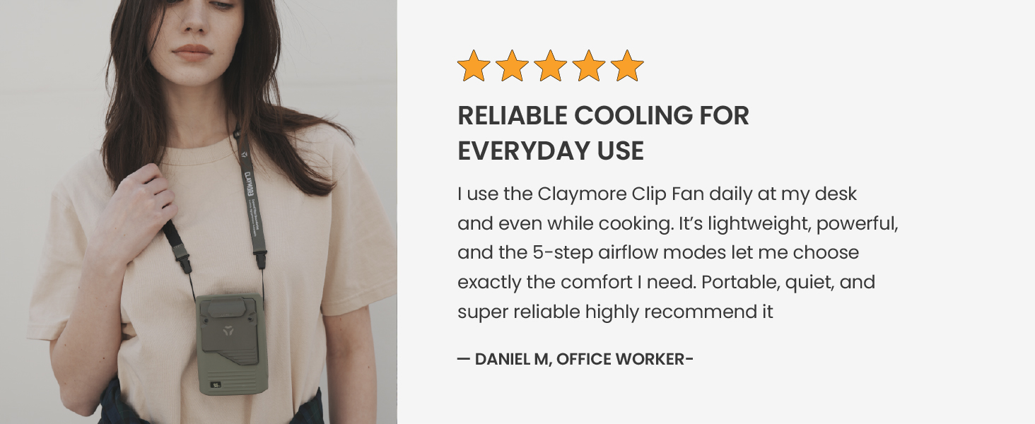 Claymore Clip Fan Rechargeable Hands-Free Clip USB-C Charging Camping, Hiking, Outdoor Use