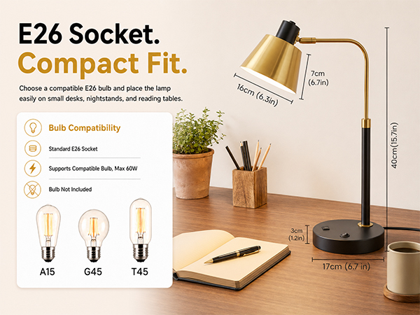 Metal desk lamp with standard E26 bulb socket and product size specifications