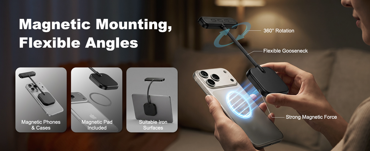 Text reads "Magnetic Mounting, Flexible Angles". Product showcase displaying magnetic phone mount with three attachment options (vent clip, dashboard pad, windshield mount) and demonstration of flexible angle positioning on smartphone device.