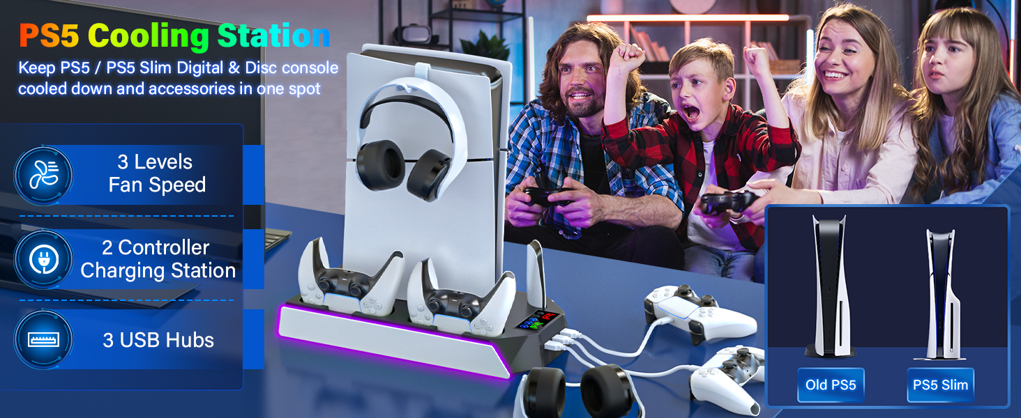 PS5 Slim Cooling Station with Controller Charging Station for Playstation 5 Console Disc/Digital,