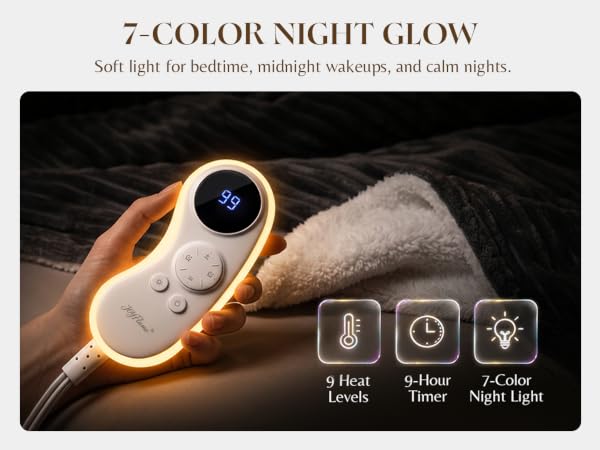 Heated blanket 9 heat levels, 9H auto-off timer, 7-color night light controller for bedroom