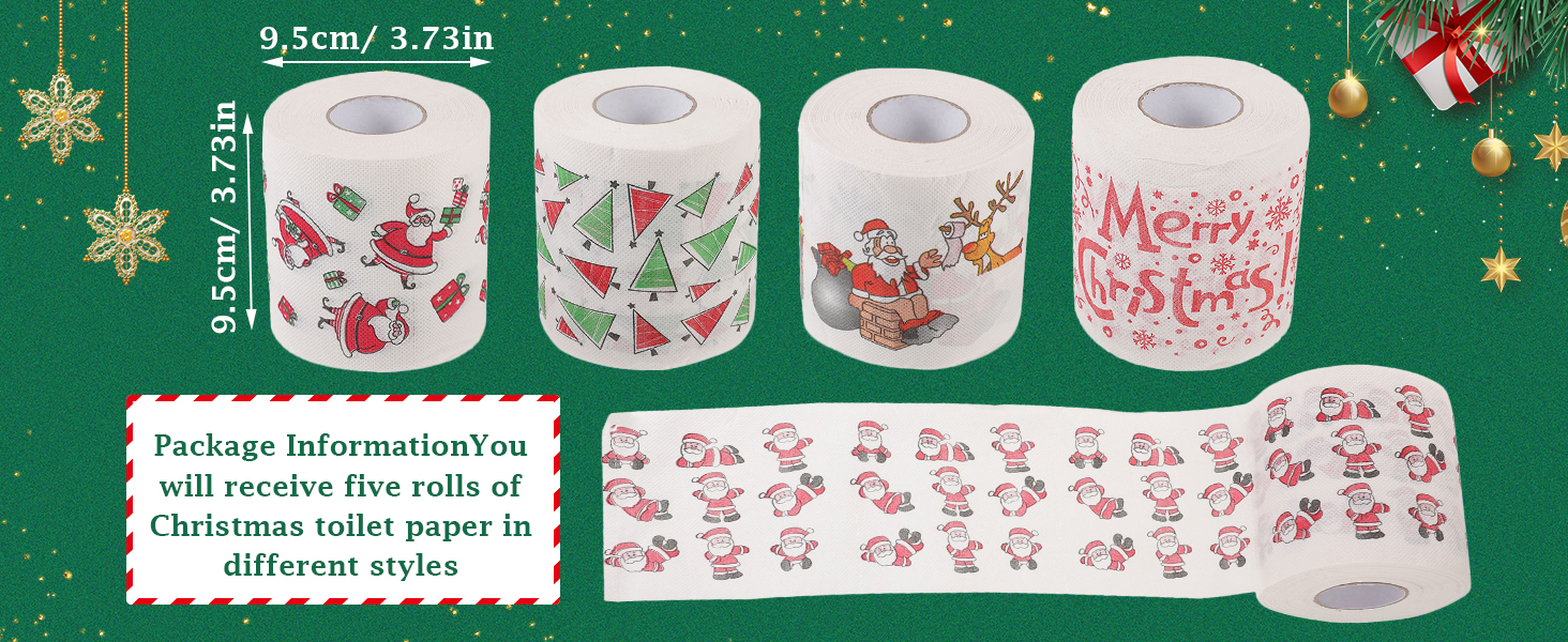 5 Rolls Christmas Toilet Paper Roll Tissue Napkin Santa Tree Pattern for Xmas Holiday