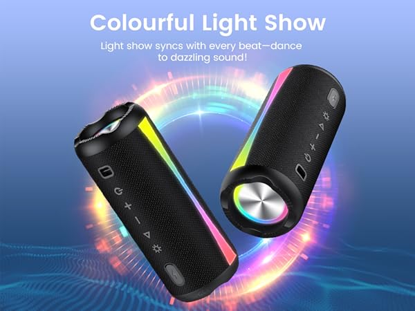 Text reads 'Colourful Light Show'. Two black portable speakers with LED lighting effects shown against blue background with circular light pattern.