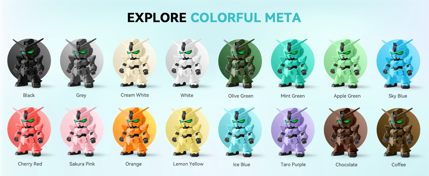 A color palette displaying 16 variations of a stylized robot or mechanical character design. Each variant is shown in a different color, ranging from black to various shades of green, blue, red, orange, and brown.