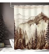 Litabel Brown Misty Pine Forest Shower Curtain, Tan Mountain Foggy Woodland Scenery Tree Shower C...
