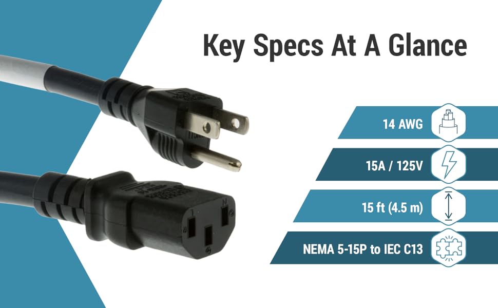 Computer power cord showing 14 AWG, 15A/125V, 15 ft length, and NEMA 5-15P to IEC C13 connectors.