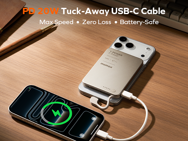Text reads 'Tuck-Away USB-C Cable', 'Max Speed + Zero Loss + Battery-Safe'. Product shows white charging device with retractable cable connected to smartphone on wooden surface.