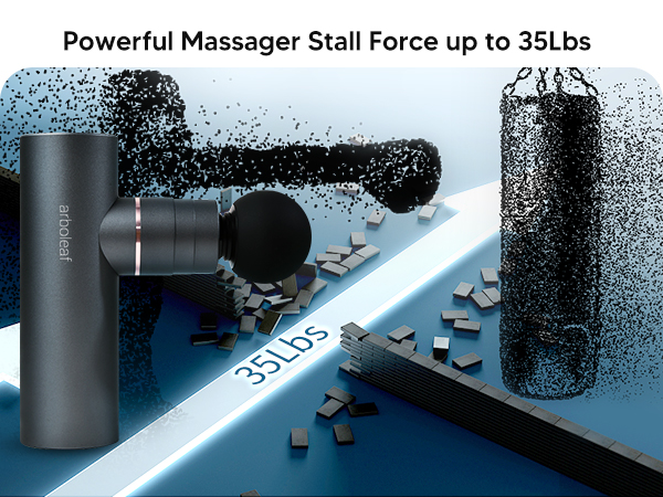 Massage gun demonstrating 35lbs stall force breaking through blocks