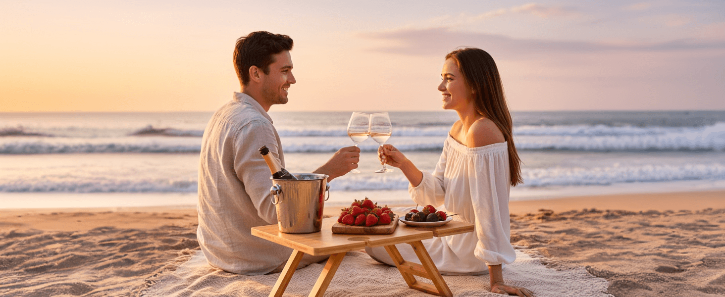 beach wine table, beach picnic table, seaside picnic, outdoor wine by ocean, sand picnic setup