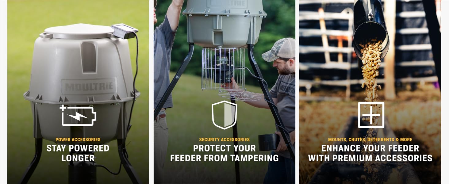Moultrie feeder accessories being attached, enhancing functionality.