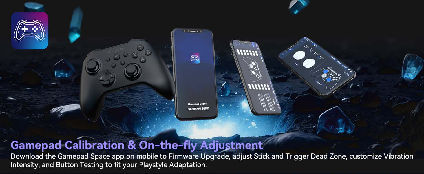Text reads 'Gamepad Calibration &amp; On-the-fly Adjustment'. Gaming accessories including controller and devices floating against dark background with blue lighting effects.