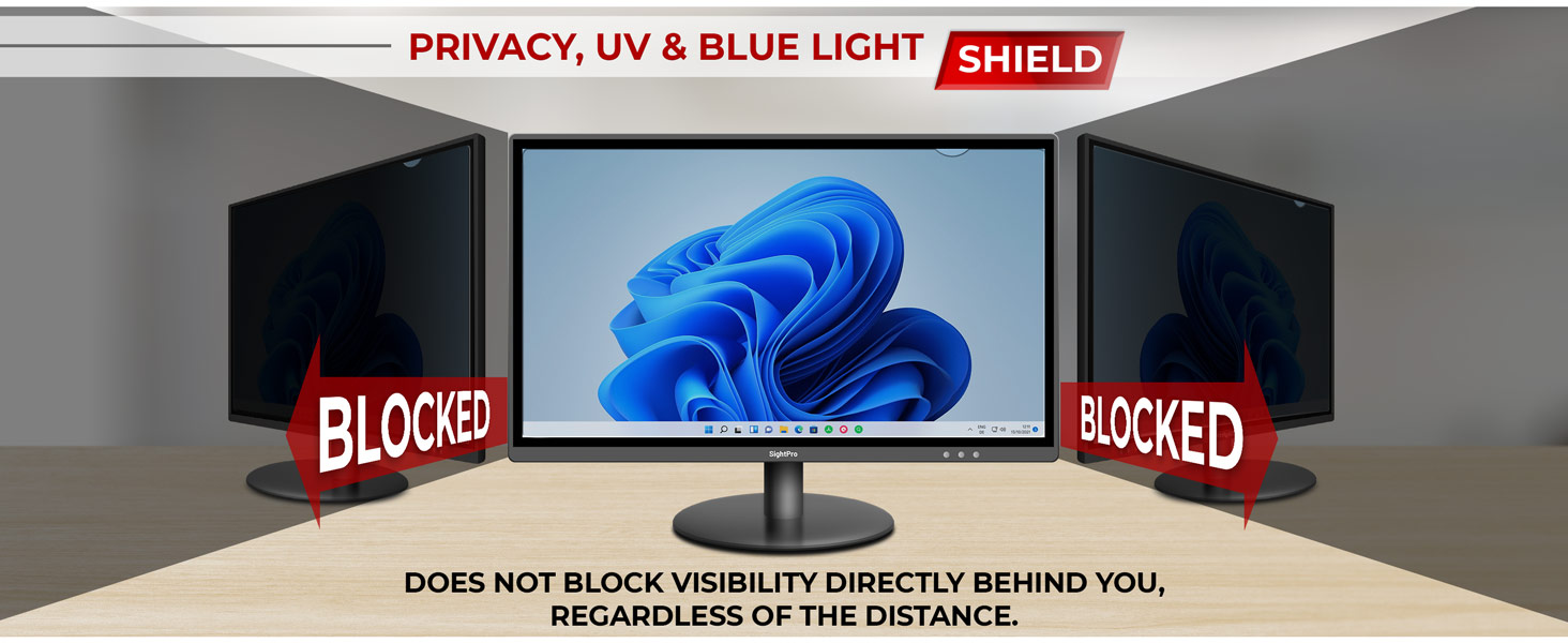 Privacy, UV and Blue Light Shield. Blocks from the sides, clear straight on.