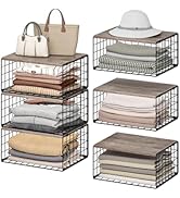 CHOEZON 3-Tier Stackable Closet Organizers, Storage Bin Baskets with Wooden Upper Surface, Clothe...