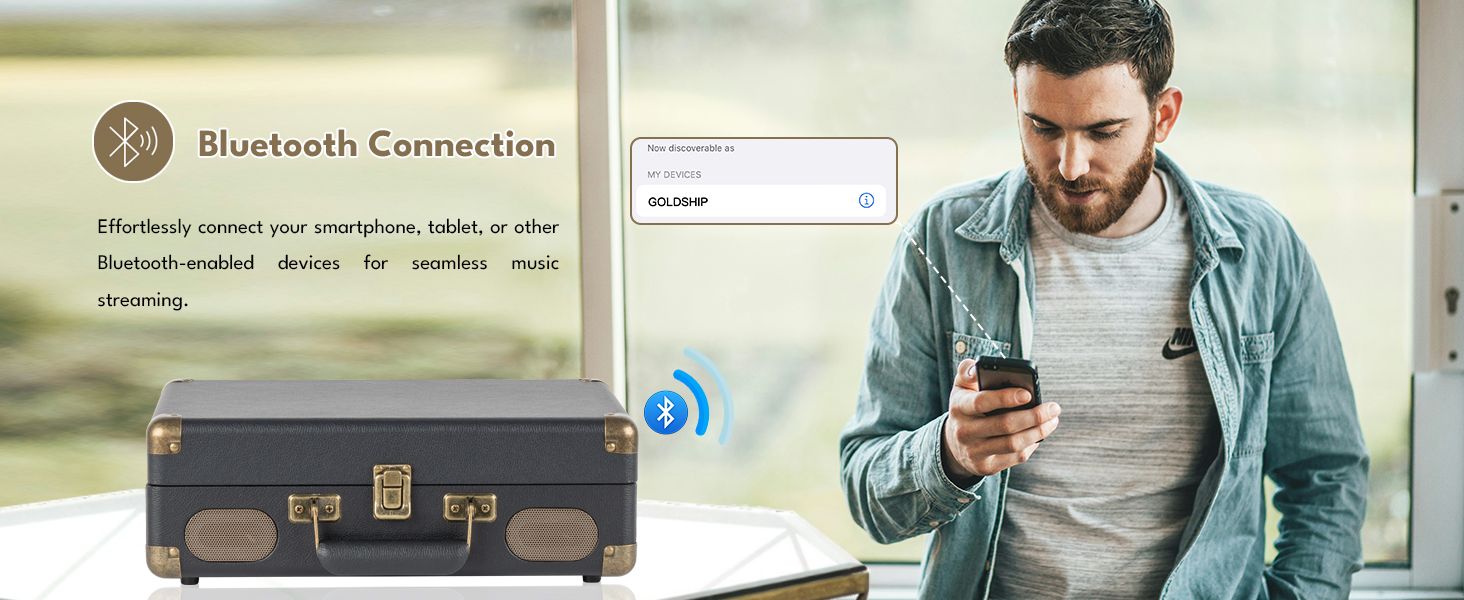 Vinyl Record Player 3-Speed Bluetooth Turntable with Rechargeable Battery
