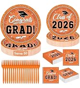 QZYL 50 Set Graduation Supplies 2026, Orange Graduation Plates and Napkins, Disposable Dessert Pl...