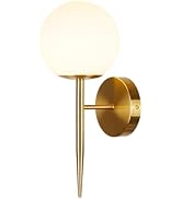 Rosient Mid Century Wall Sconce, Matte Brass Wall Sconces Indoor with White Globe Shade, Gold Mod...