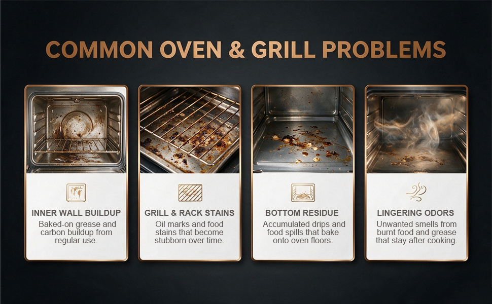 Solves oven grease buildup, rack stains, residue and lingering cooking odors