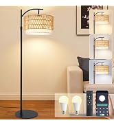 DRAWNCAT Bohemian Rattan Floor Lamp for Living Room - Black Arc Design, 12W LED (1 in use + 1 Spa...