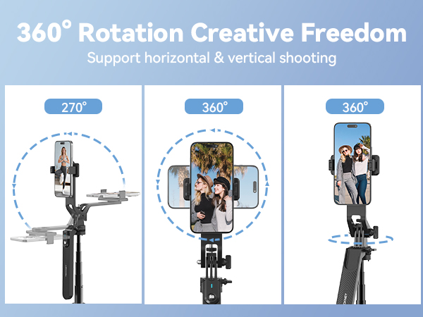 Text reads '360° Rotation Creative Freedom'. Instructional diagram showing multiple positions and rotation capabilities of a camera mount or stabilizer system.