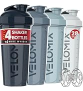 VELOMIX -4 PACK- 28 oz Shaker Cups for Protein Shakes - 4x Wire Whisk | Leak Proof Protein Shaker...