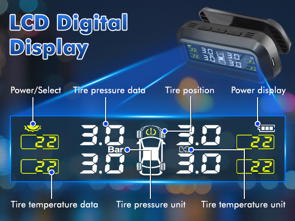 LCD digital display for tire pressure monitoring system. Shows pressure, temperature, and position for each tire. Device mounted on car dashboard with blue backlight.