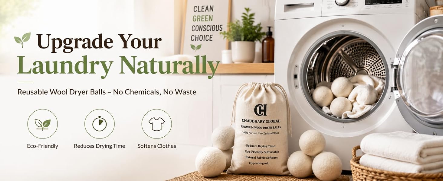 Reusable wool dryer balls pack with laundry washing machine for natural fabric softening