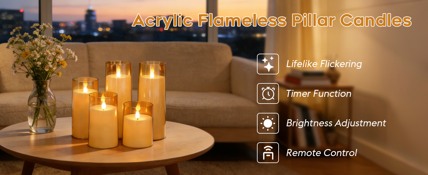 Amber Acrylic Flameless Pillar Candles