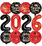 PartyWoo Graduation Balloons Class of 2026 Black Red Gold 12pcs Balloons 40 Inch 2026 Foil Number...