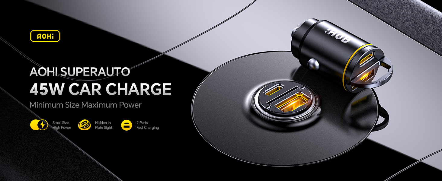 45W car charger with two ports displayed on a dark surface. Product features quick charge capability and intelligent power distribution.