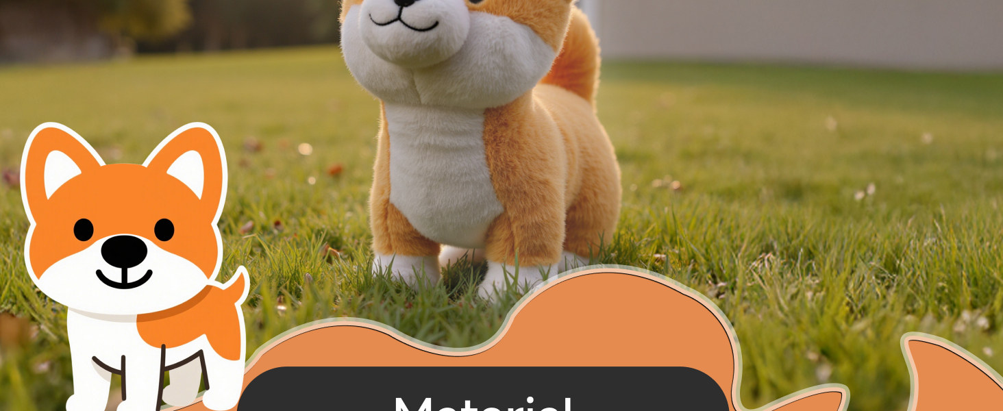 Multiple panels featuring cartoon-style illustrations of dogs, including orange Shiba Inu character designs with text 'Material' visible in one panel.