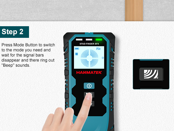 Step 2: Press Mode Button to switch to the mode you need.' Instructional sequence showing finger pressing button on electronic device interface.